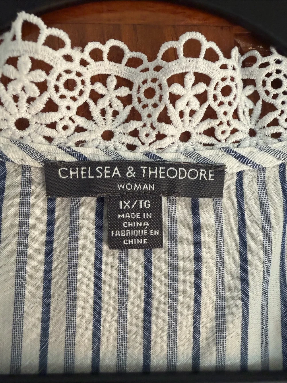 Chelsea & Theodore Navy and White Striped Lace-Trim Peasant Blouse - Picture 5 of 5